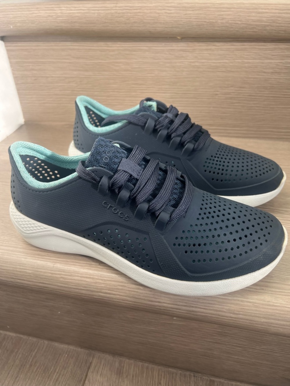 Crocs Size 8 LiteRide Navy Blue Sneakers White Soles Comfort Walking Shoes
